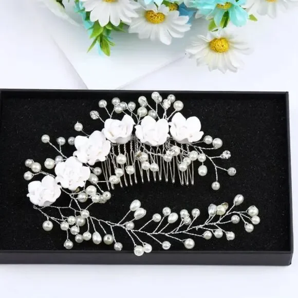 Wedding Bridal Hair Comb Hair Vine Flowers Pearls - Picture 6 of 8